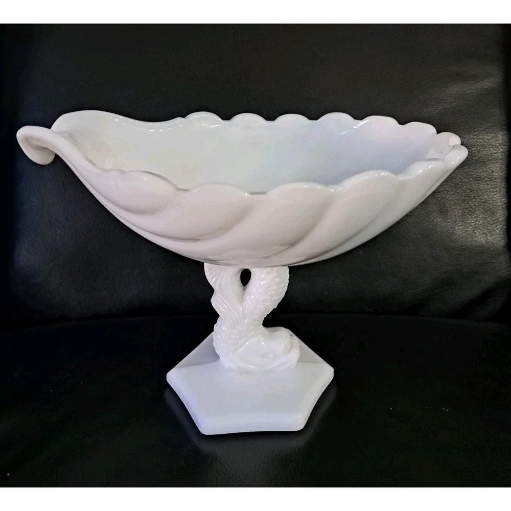 Westmoreland White Milk Glass Shell Bowl with a Dolphin Fish Base Vintage